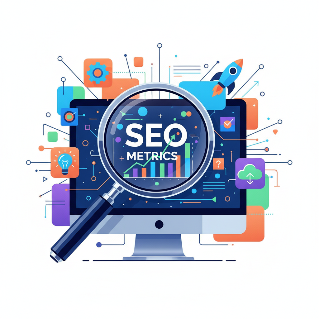 Ilustração de um guia prático de SEO com lupa e tela de computador exibindo métricas
