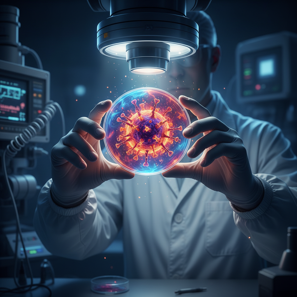 Pesquisador em laboratório analisando amostra de hantavírus