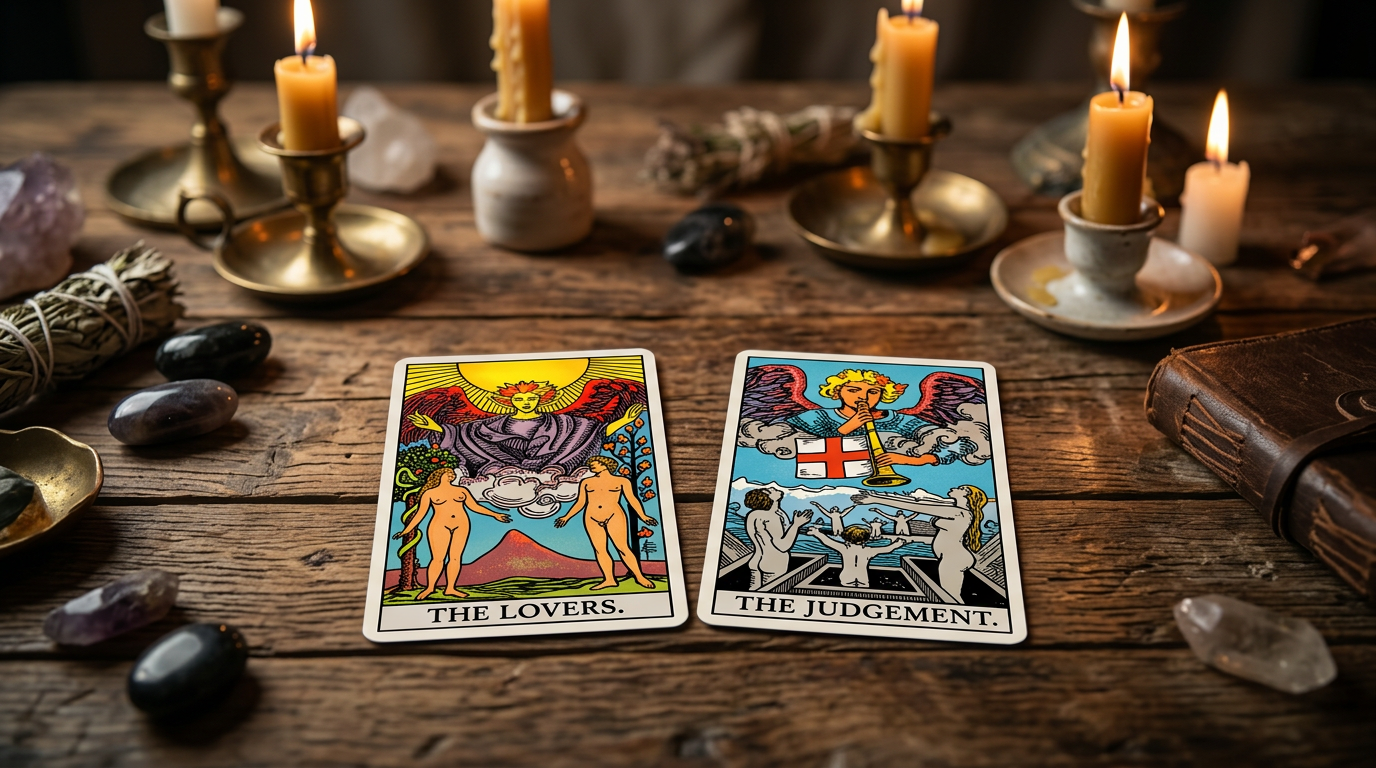 Cartas de tarô sobre uma mesa de madeira com luz suave, representando previsões amorosas e reconciliação.