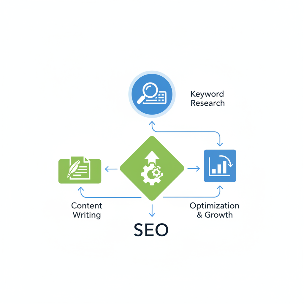 Templates de SEO para 2026: um fluxograma mostrando o processo de otimização de conteúdo.