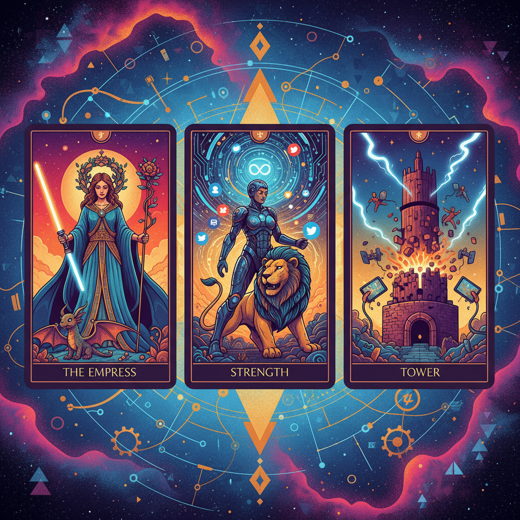 Cartas de tarô misturadas com elementos da cultura pop, em um estilo moderno e vibrante, em 2026