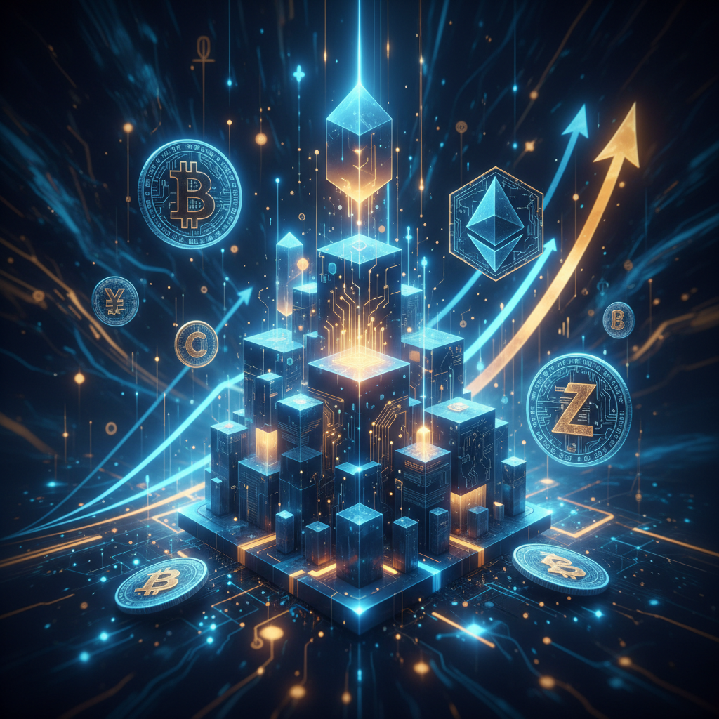 Ilustração moderna representando o conceito de dinheiro digital com ícones de blockchain e gráficos financeiros em tons de azul e dourado.