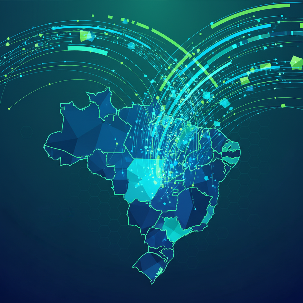 Ilustração abstrata da plataforma BlogAI, mostrando redes de inteligência artificial surgindo do Paraná, Brasil.