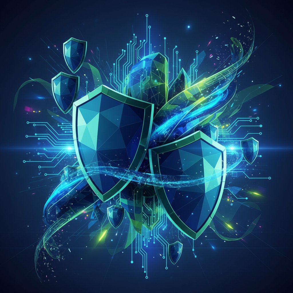 Escudo digital abstrato protegendo dados em rede, simbolizando a segurança empresarial em IA.