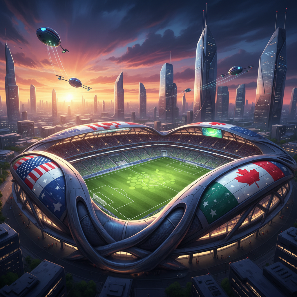 Visão aérea de um estádio moderno de futebol lotado representando a Copa do Mundo 2026 na América do Norte