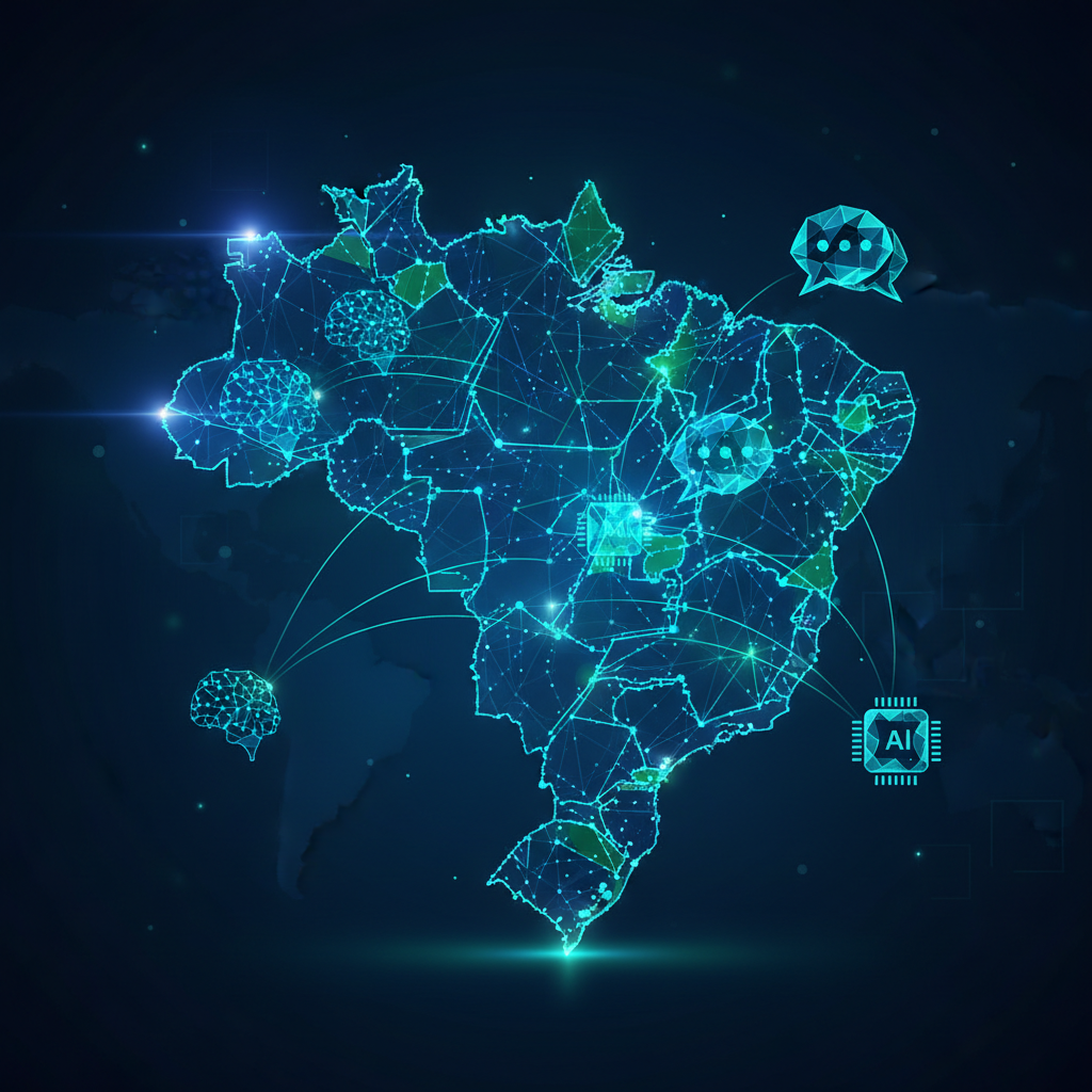 Infográfico moderno mostrando a conexão entre inteligência artificial e estratégias de SEO local AEO e GEO em 2026.