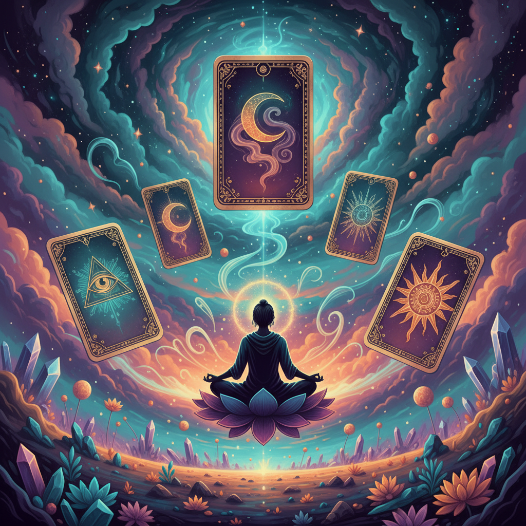 Imagem surreal de cartas de tarô flutuando em um cenário de sonhos com símbolos místicos e uma pessoa meditando para interpretar mensagens.