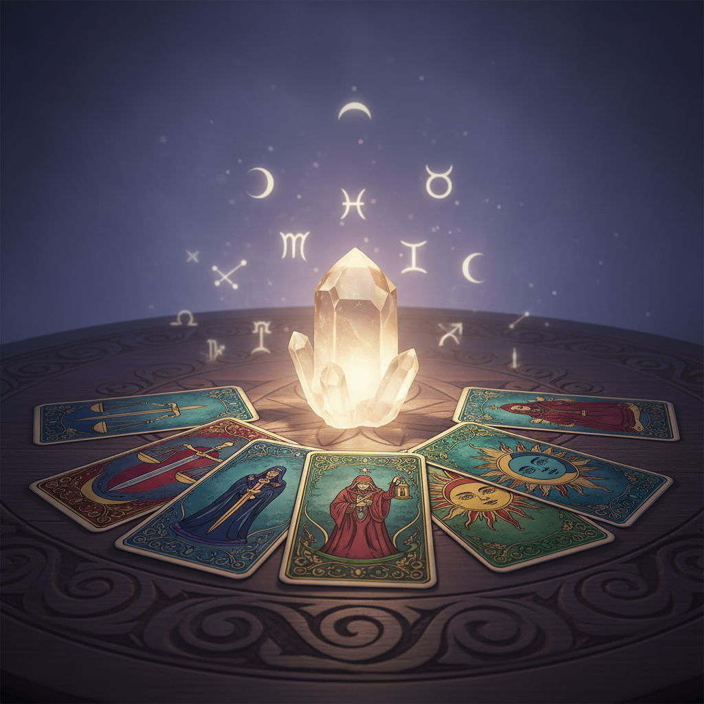 Tarot cards in a spread, with a crystal, symbolizing insight into stagnation and change for signs.