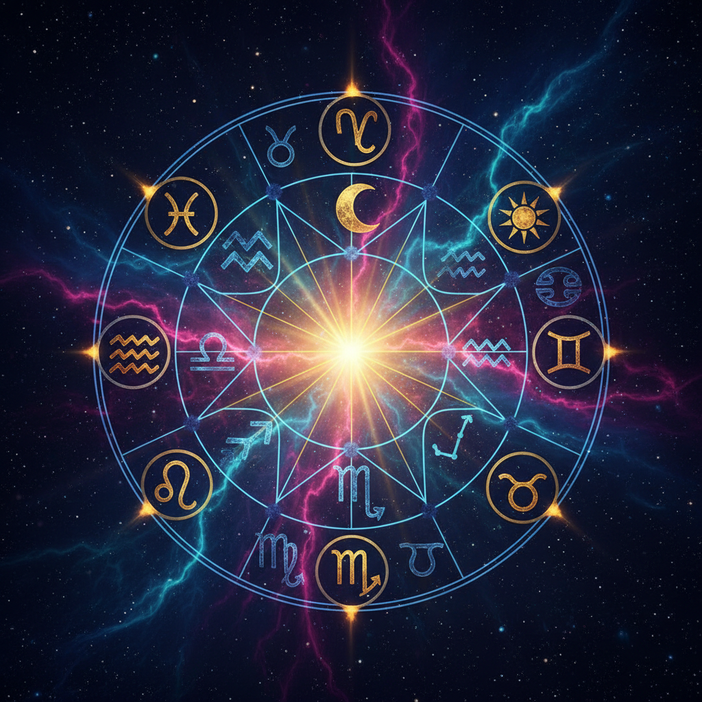 Representação abstrata de um mapa astral com símbolos astrológicos e constelações.