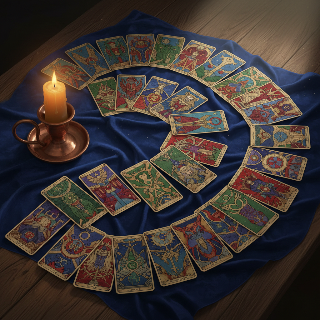 Pessoa embaralhando cartas de tarô em uma mesa de madeira com luz suave.