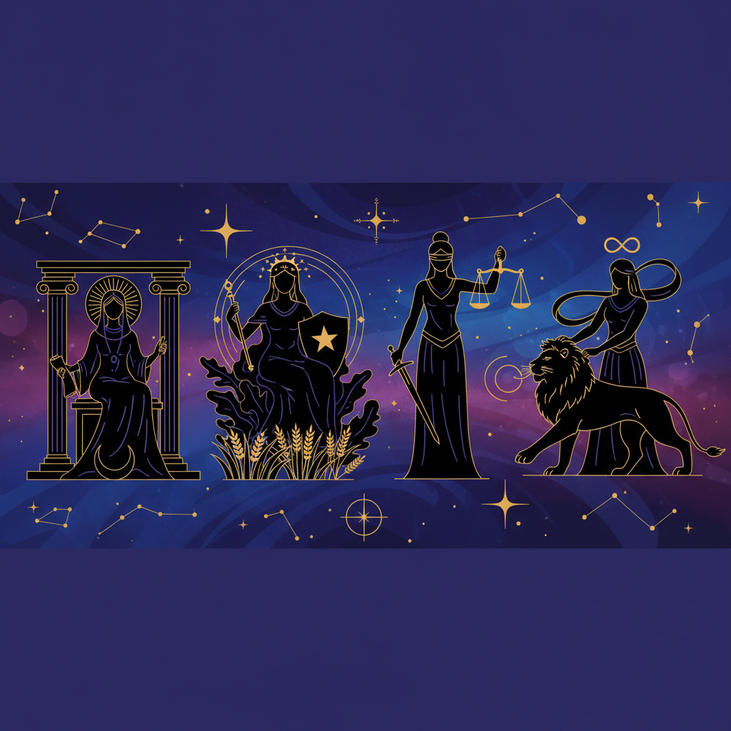 Ilustração representando quatro arquétipos do poder feminino no Tarô: A Sacerdotisa, A Imperatriz, A Justiça e A Força, em um fundo cósmico.