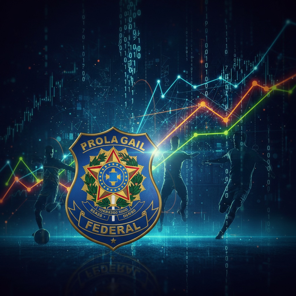 Símbolo da Polícia Federal do Brasil em destaque, com um fundo digital abstrato representando o universo das apostas esportivas e investigações online.