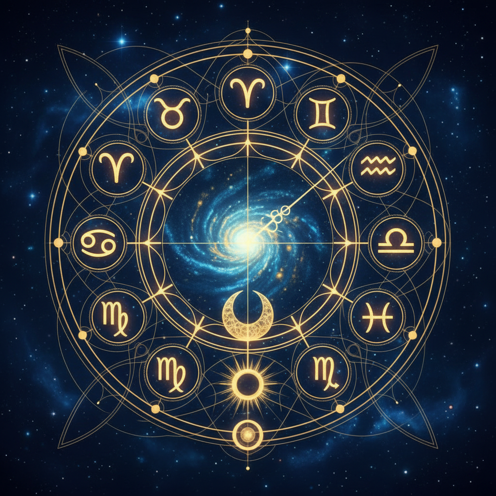Ilustração artística zodiacal representando as previsões de Luís Moniz para 2026 com os doze signos e elementos celestiais.