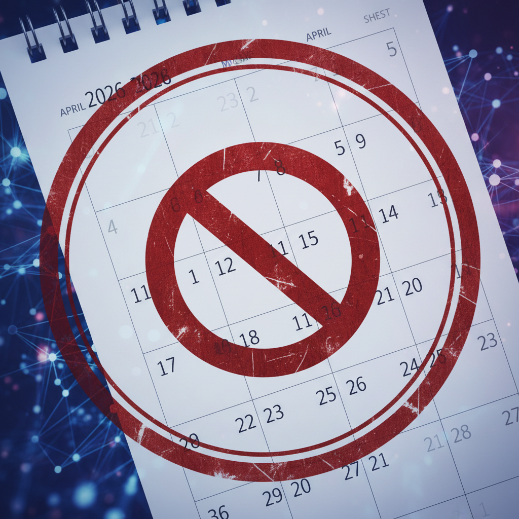 Calendário de abril de 2026 com selo de proibido, simbolizando a nova regra do INSS para empréstimo consignado de representante legal.