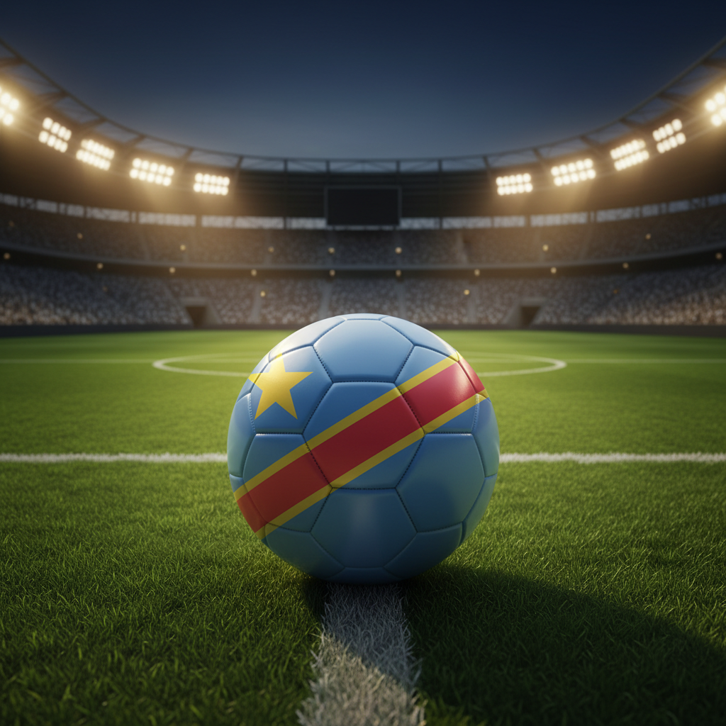 Bola de futebol no centro de um estádio, refletindo a bandeira da República Democrática do Congo, simbolizando os convocados para a Copa 2026.