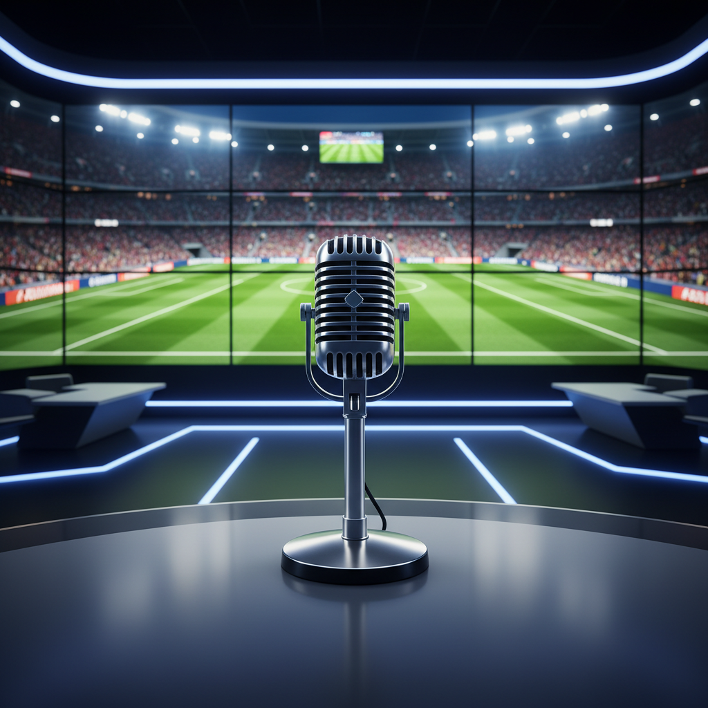 Microfone de estúdio com um estádio de futebol desfocado ao fundo, simbolizando Romário como comentarista da Copa do Mundo 2026.