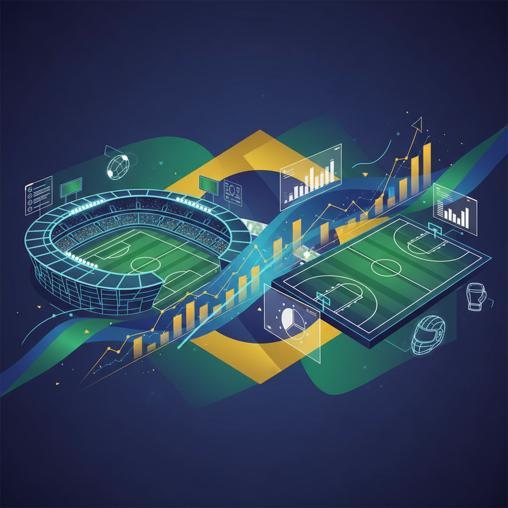 Infográfico conceitual sobre bets no Brasil mostrando elementos digitais de dados e esportes