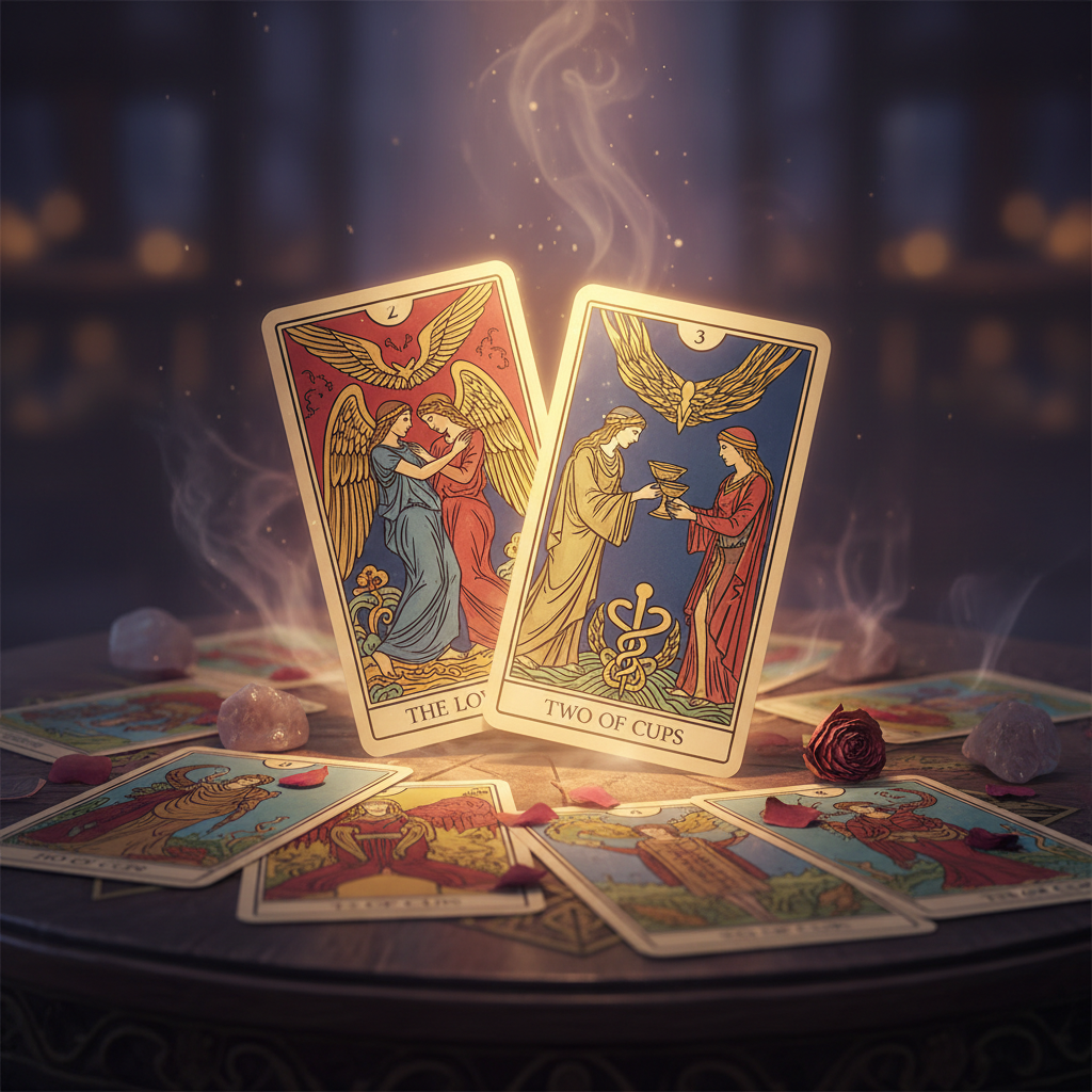 Cartas do tarô semanal do amor espalhadas sobre uma mesa, com destaque para a carta dos Amantes.