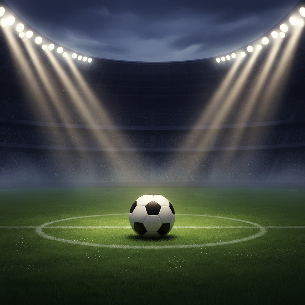 Bola de futebol no centro de um campo de estádio vazio, simbolizando a ausência de Éder Militão na Copa do Mundo de 2026.