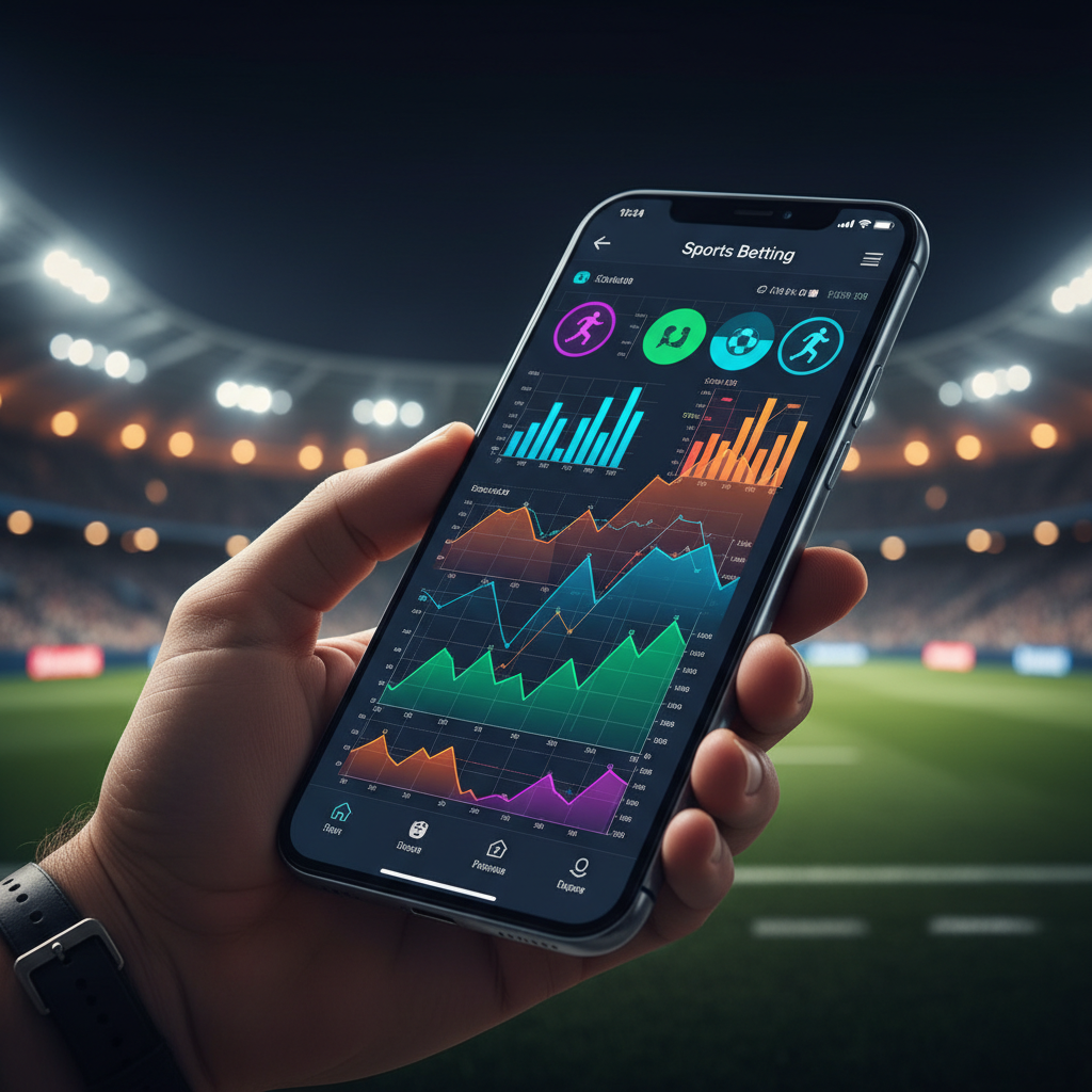 Interface moderna de um aplicativo de aposta esportiva online no Brasil com gráficos de odds e campo de futebol ao fundo.