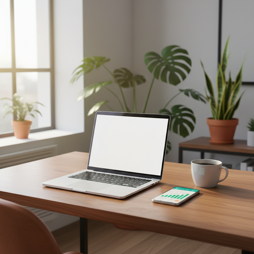 Escritório doméstico moderno e organizado com notebook e smartphone, simbolizando como trabalhar em casa e ganhar dinheiro de forma profissional em 2026.