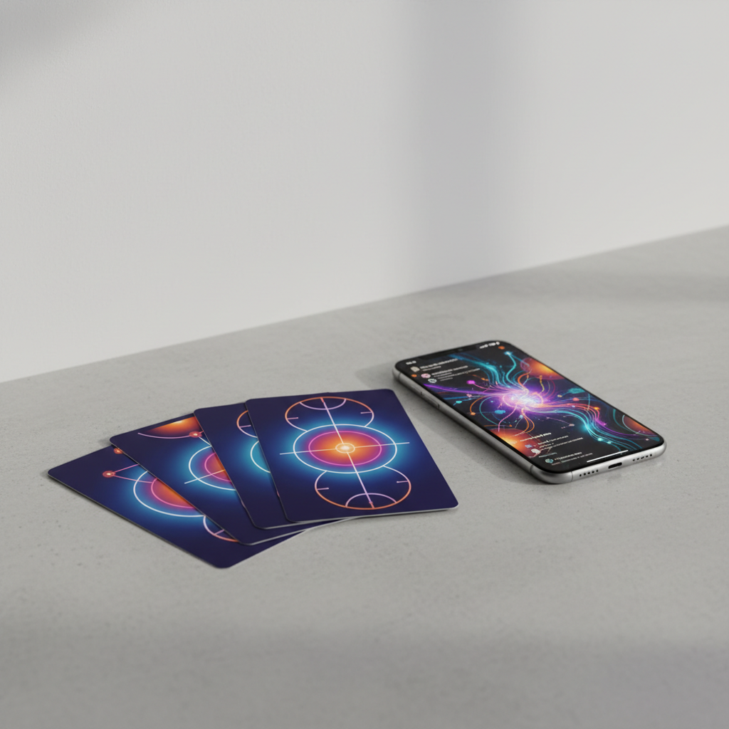 Uma mão segurando um smartphone que exibe uma leitura de Tarô no TikTok, com cartas de um baralho moderno espalhadas ao lado, simbolizando o fenômeno do Tarotok.