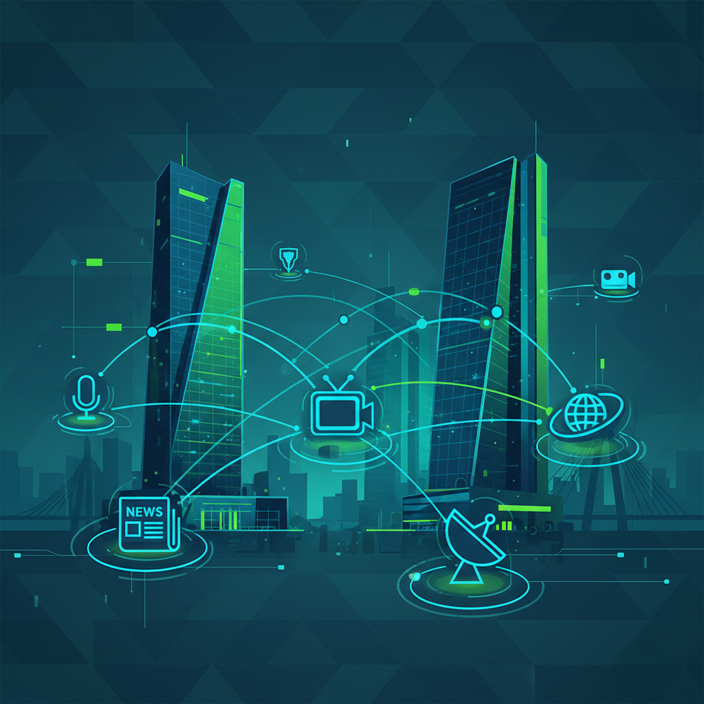 Ilustração de conexões digitais entre ícones de edifícios empresariais brasileiros e grandes portais de notícia para representar link building no Brasil em 2026.