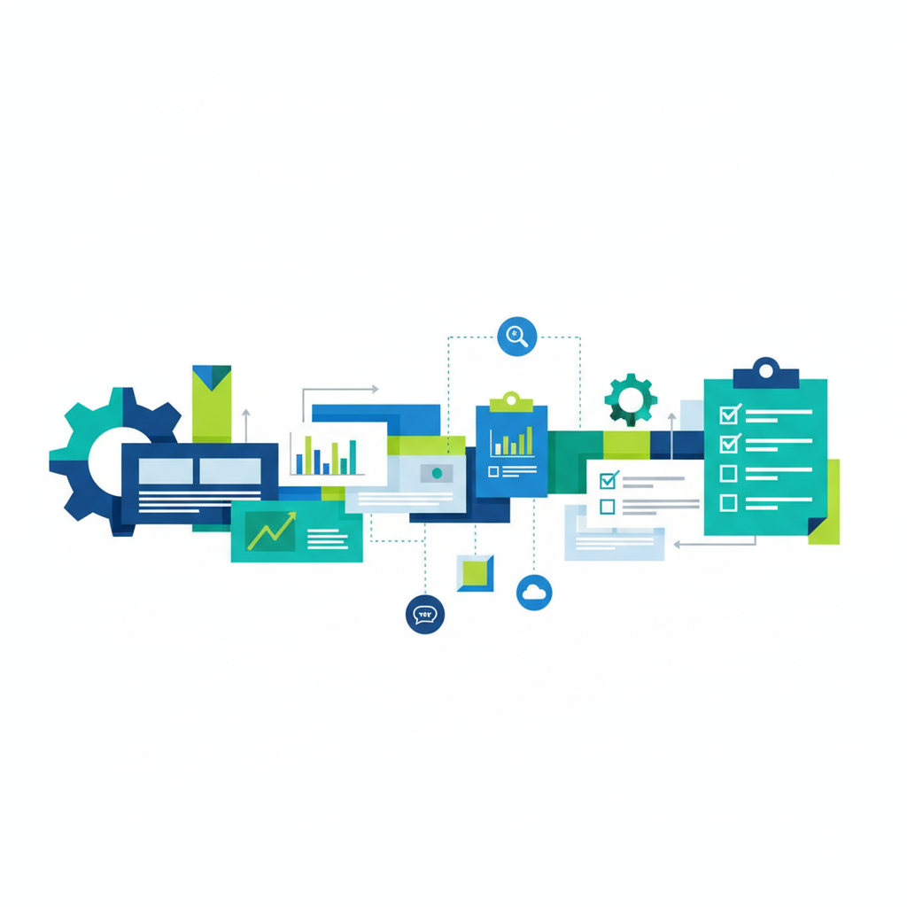 Framework de templates de SEO para PMEs em 2026, mostrando um fluxo de trabalho organizado.