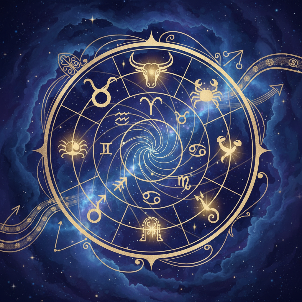 Roda do zodíaco com destaque para os signos de Touro, Câncer, Escorpião e Sagitário, simbolizando o alívio financeiro pela astrologia em 2026.
