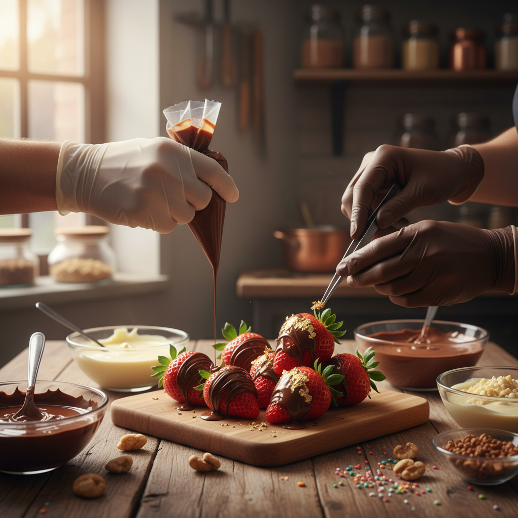 Mulheres empreendedoras trabalhando juntas na produçao de doces artesanais e morangos confeitados.
