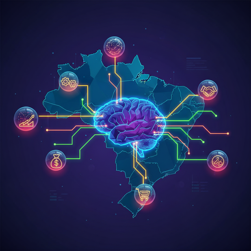 Gráfico digital representando conexões de inteligência artificial sobre um mapa do Brasil, simbolizando otimização de mecanismos de resposta e GEO.