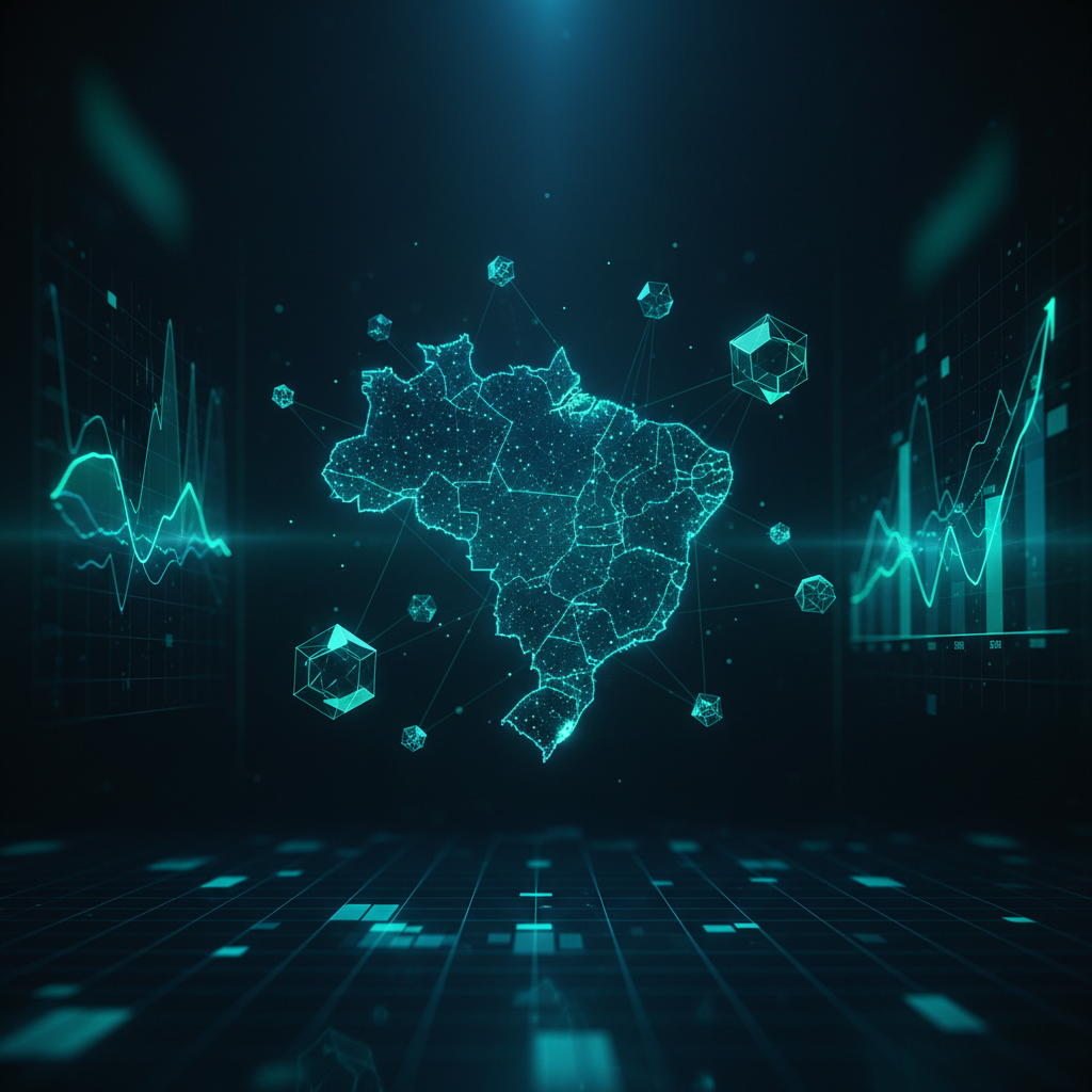 Gráfico de análise de mercado cripto brasileiro com elementos de inteligência artificial e dados financeiros.