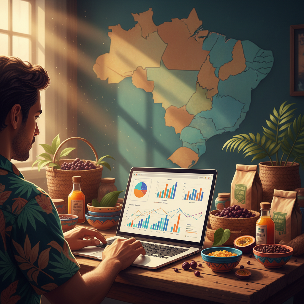 Empreendedor brasileiro analisando dados de tráfego orgânico em seu laptop, com produtos locais ao redor