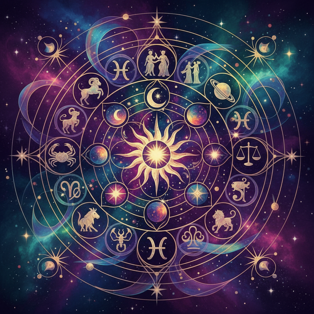 Ilustração de um mapa astral detalhado com elementos cósmicos e cores místicas
