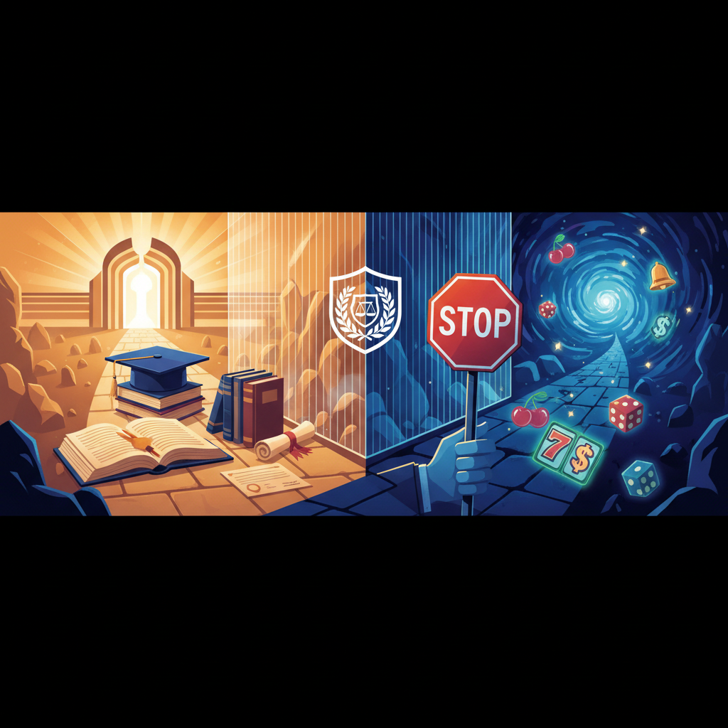 Imagem representando a proibição de dívidas de apostas no Desenrola Fies, com um caminho para a educação e outro bloqueado para as apostas.
