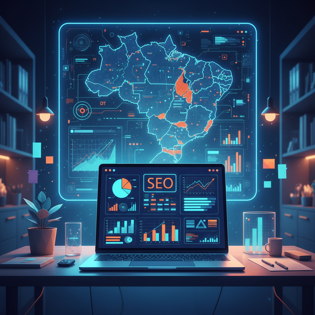 Infográfico sobre SEO para empresas destacando dispositivos móveis, ícones de geolocalização e engrenagens de otimização técnica.