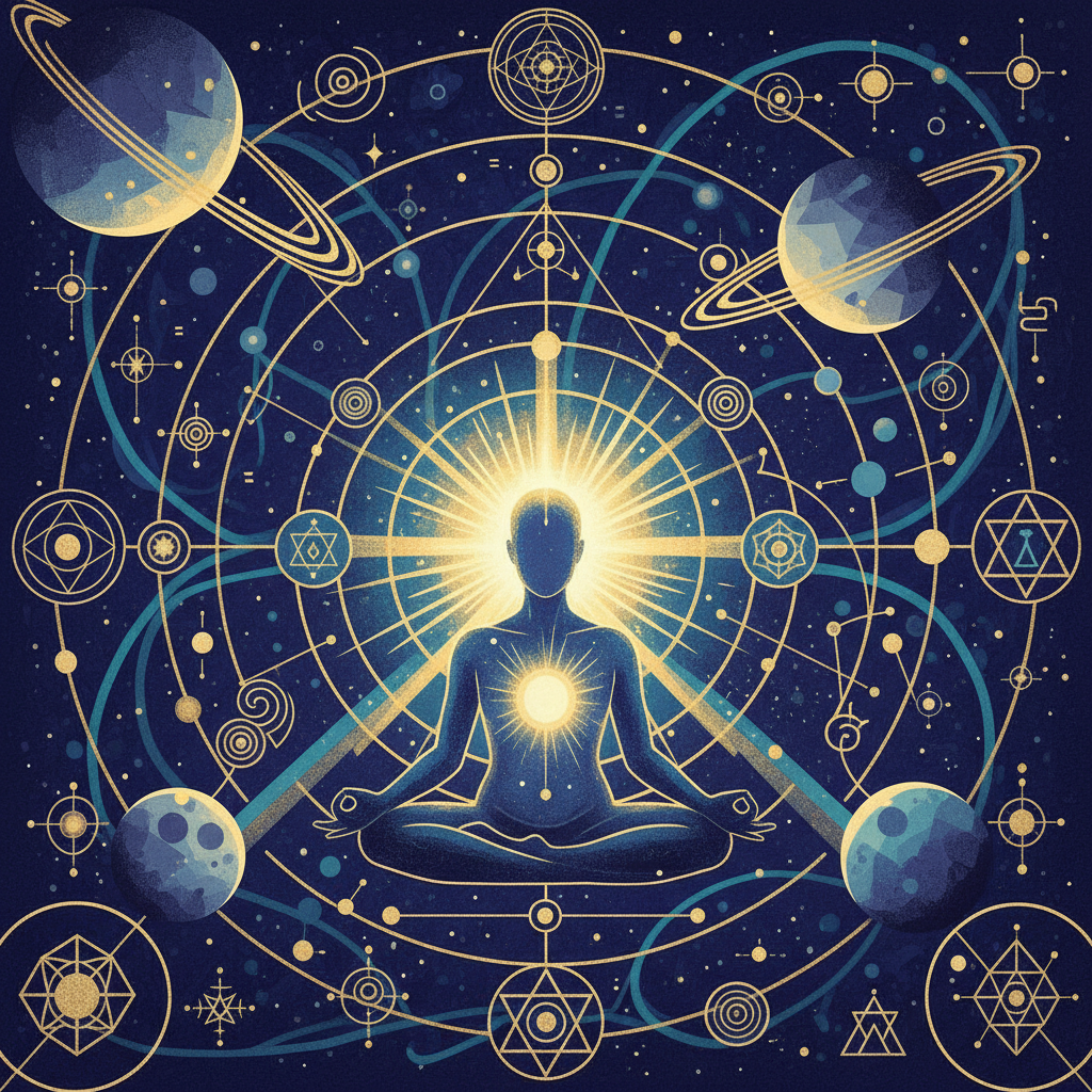 Representação de um mapa astral com Netuno destacado e uma pessoa em meditação, simbolizando a intuição e a espiritualidade.