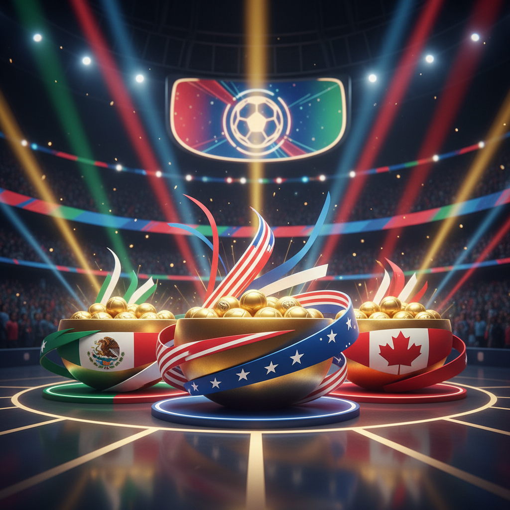 Infográfico estilizado representando os potes do sorteio da Copa do Mundo 2026 com as bandeiras das seleções e troféu.