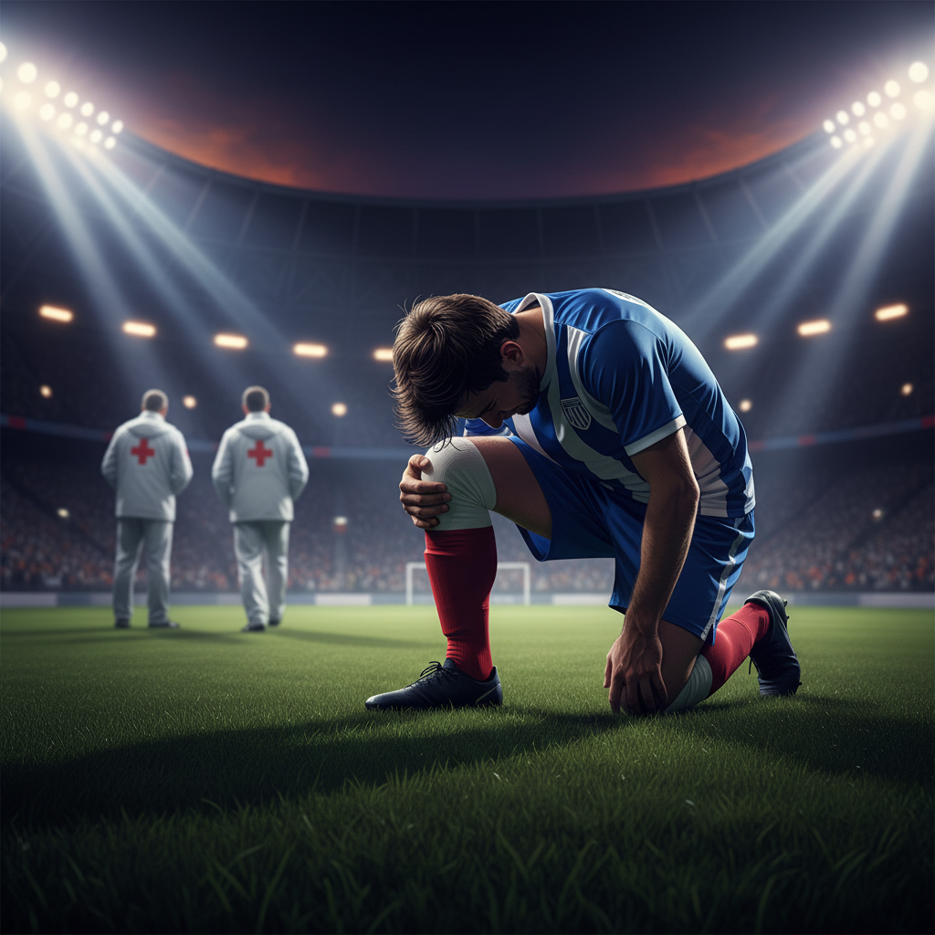 Gráfico digital de um jogador de futebol lesionado no gramado com destaque para monitoramento médico e estatísticas de saúde.