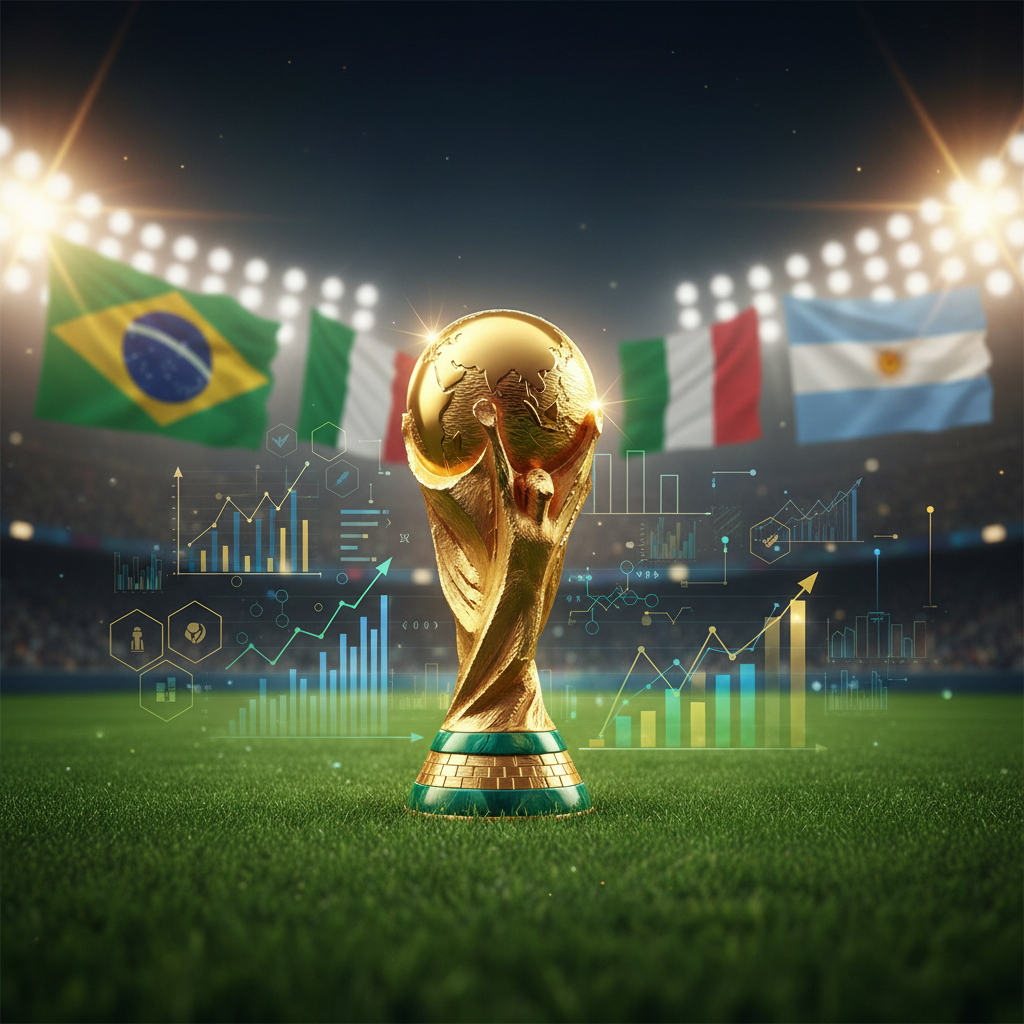 Infográfico estilizado mostrando as taças das seleções campeãs da Copa do Mundo com foco na bandeira do Brasil.
