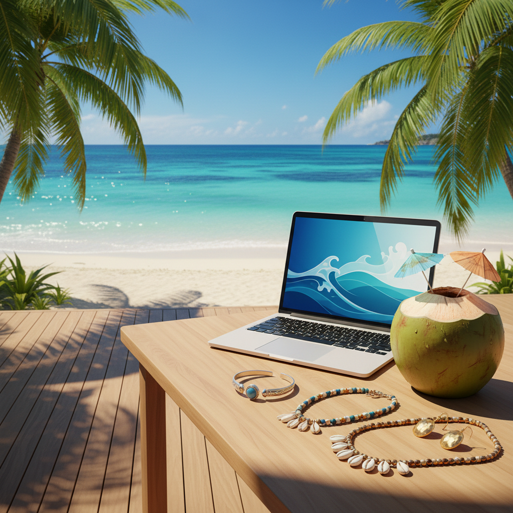 Pessoas trabalhando em um laptop na praia simbolizando renda extra nas férias de verão 2026
