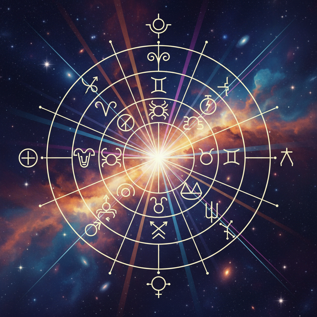 Representação minimalista de um Mapa Astral com elementos cósmicos