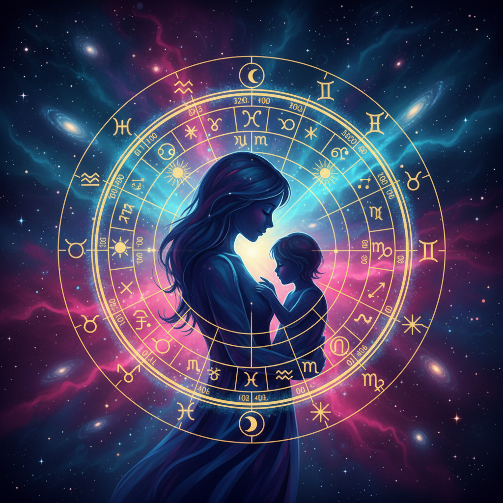 Ilustração astrológica mostrando o perfil da mãe de cada signo em 2026.