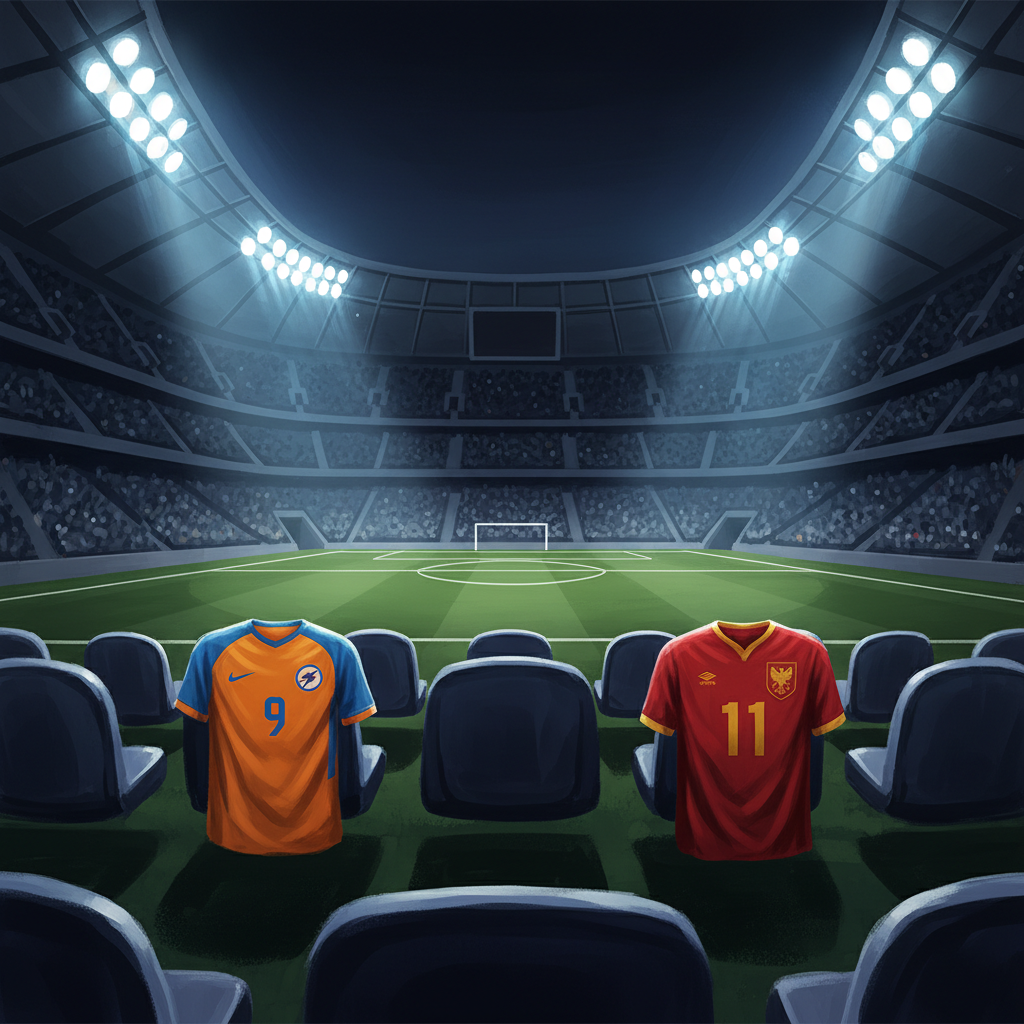 Infográfico ilustrativo mostrando as silhuetas de grandes jogadores de futebol e bandeiras de seleções mundiais representando ausências na Copa 2026.