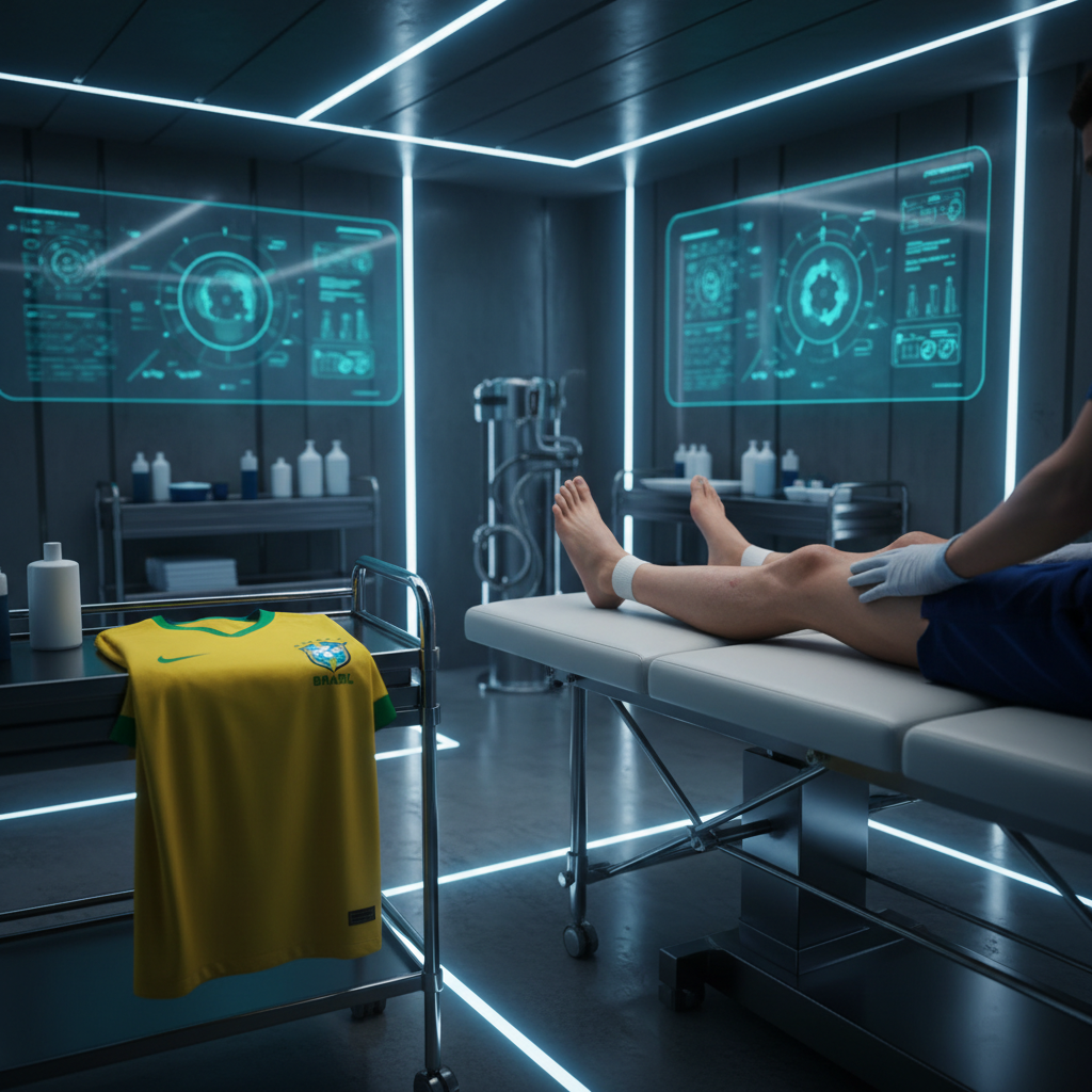 Representação artística de um jogador de futebol da seleção brasileira em tratamento médico para lesão na coxa em 2026
