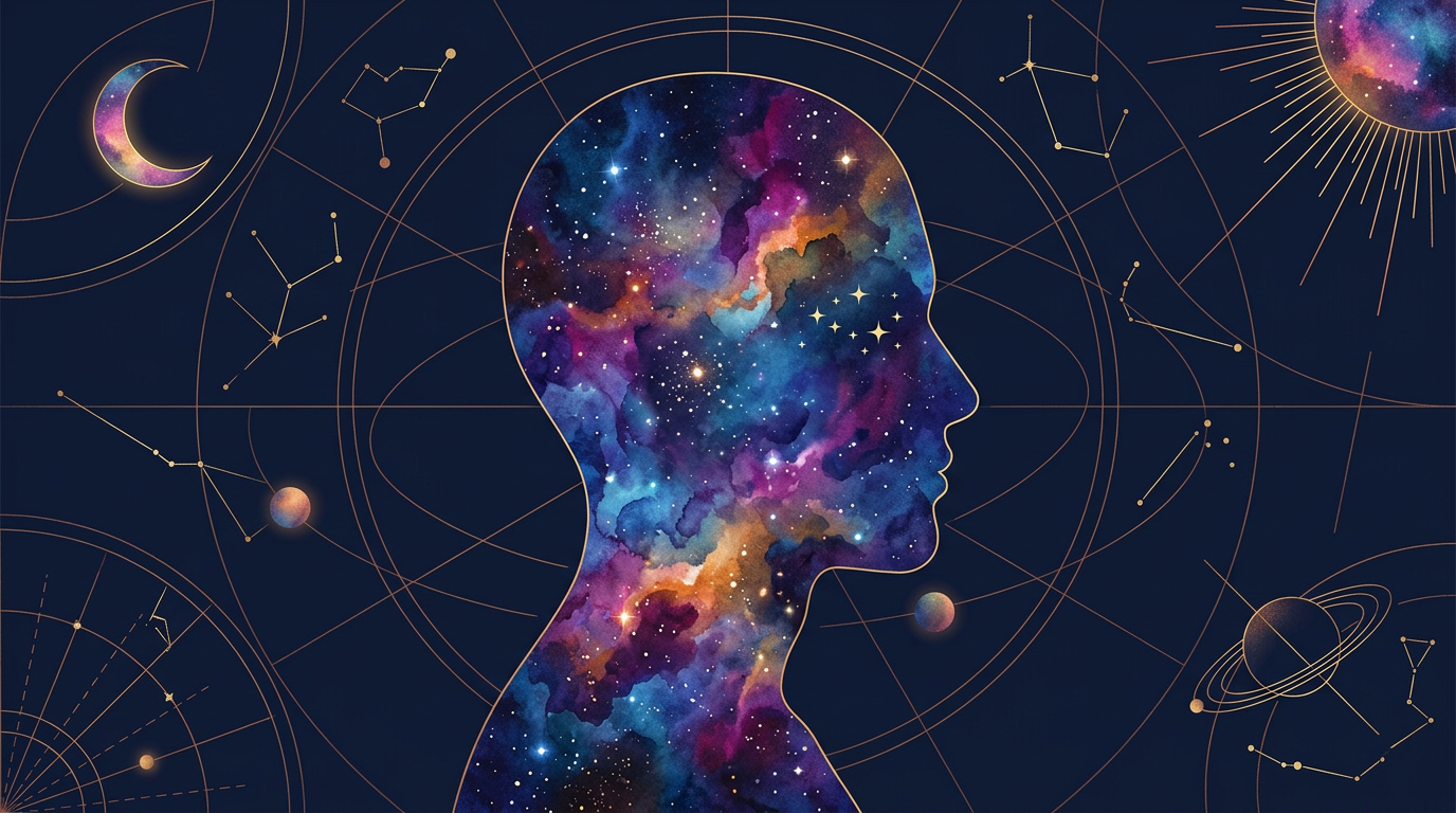 Ilustração conceitual de uma silhueta humana preenchida por constelações e galáxias sobre um fundo azul profundo, representando a conexão entre astrologia e identidade.