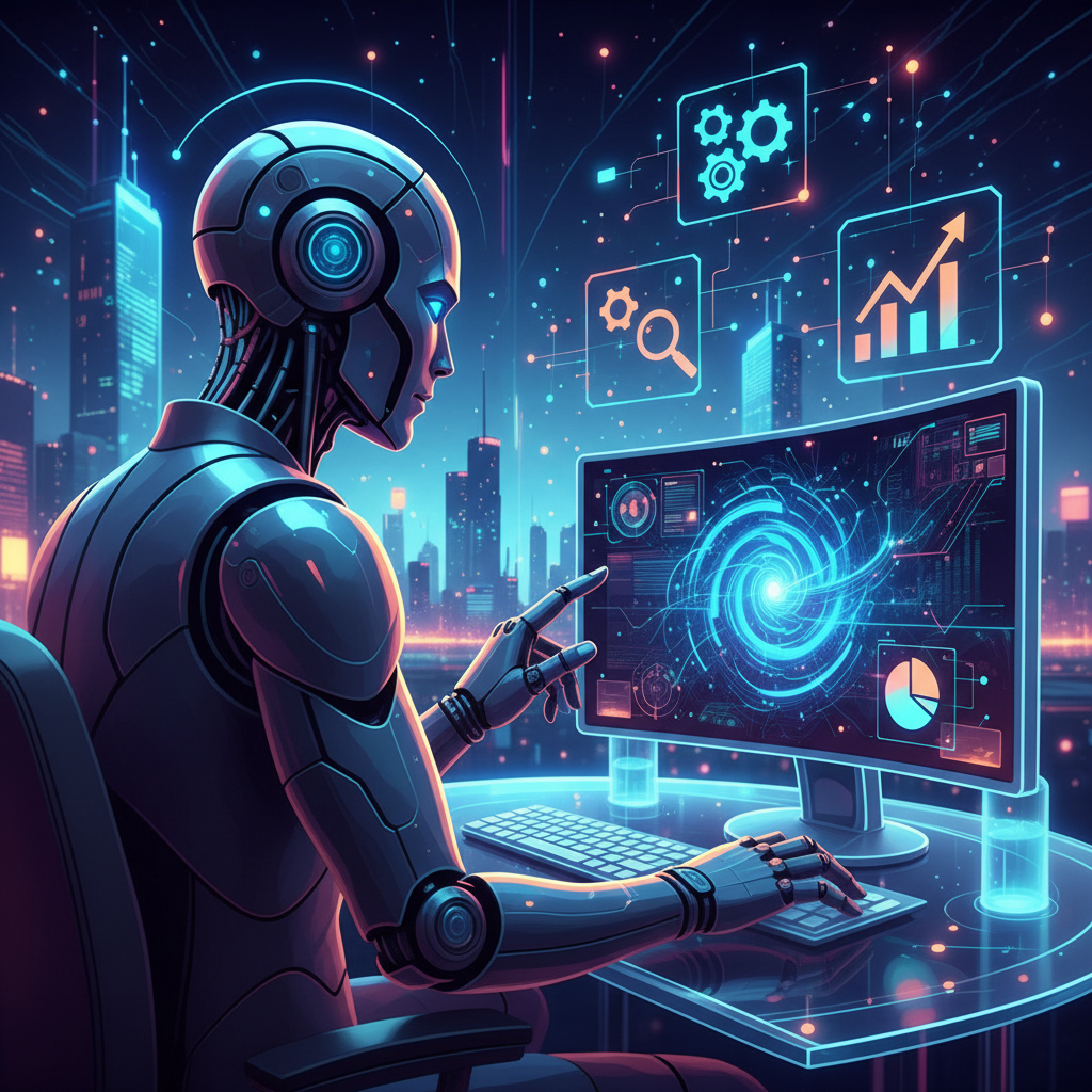 Robô e humano trabalhando juntos em estratégias de SEO com IA