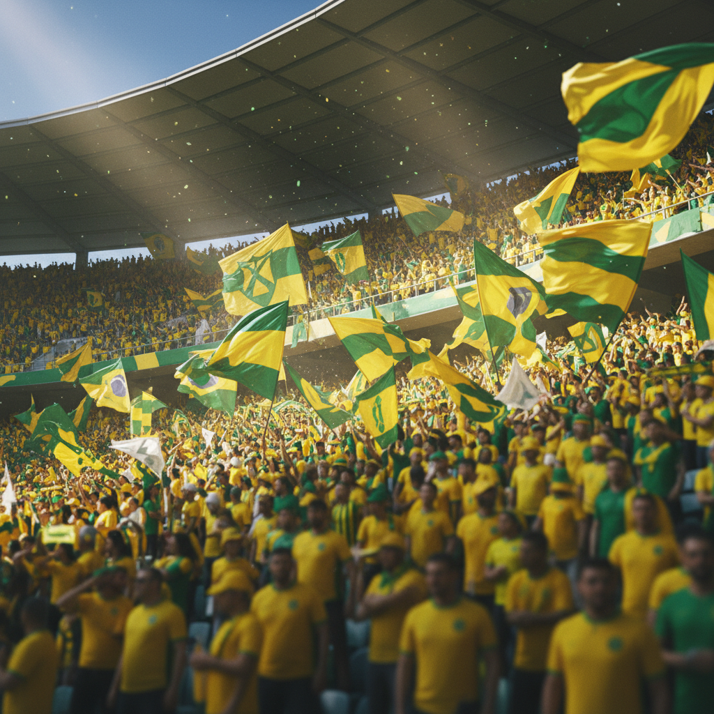 Detalhe da torcida brasileira unificada nas arquibancadas da Copa do Mundo 2026, com bandeiras e as cores do Brasil, simbolizando a união de torcidas como a TUI.