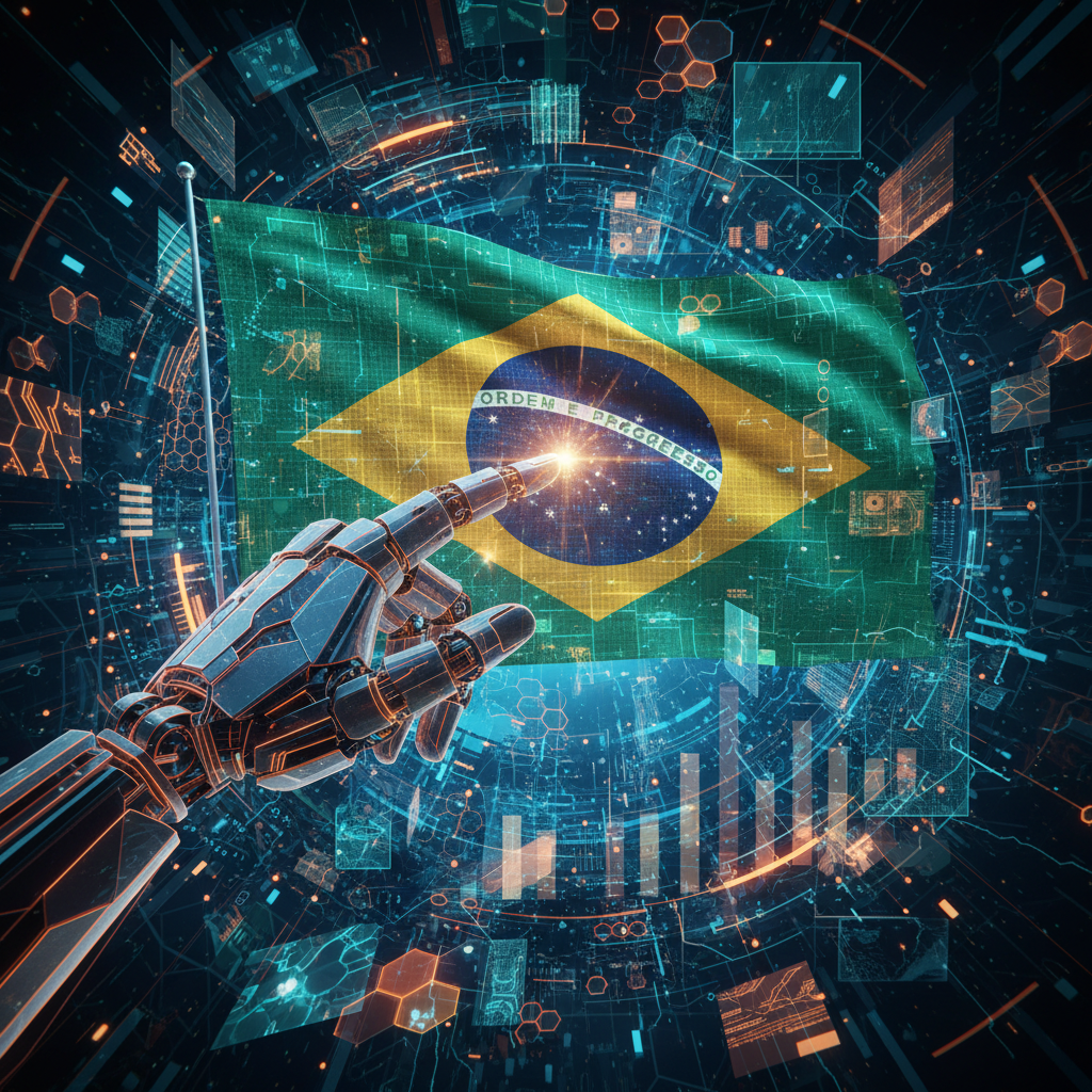 Ilustração abstrata de inteligência artificial otimizando dados para empresas brasileiras em 2026