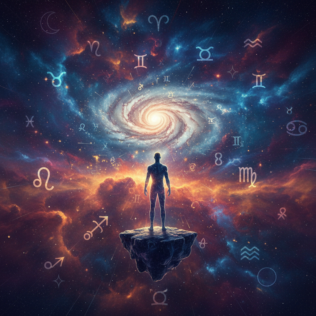 Pessoa observando o universo astrológico e seu propósito existencial